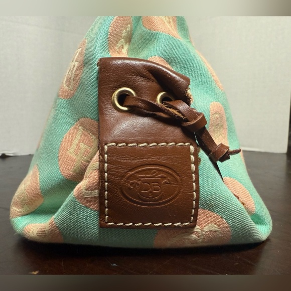 Dooney & Bourke Turquoise Peach Logo Polkadots Brown Leather Accents - Picture 4 of 16